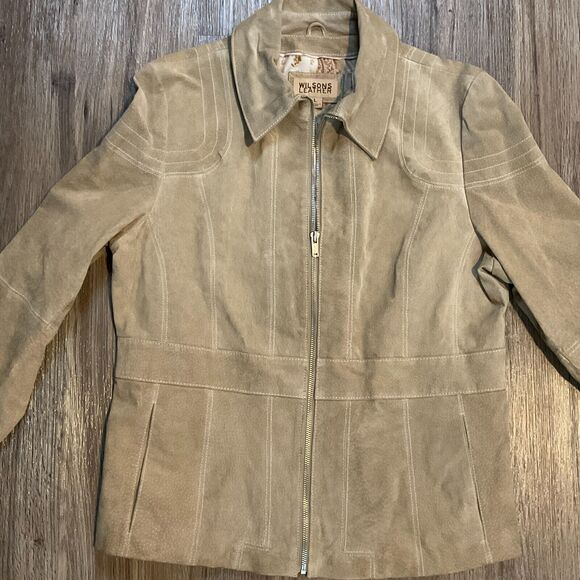Vtg Wisons Leather Jacket Womens Size Large Suede Tan 90s Floral Print Lined Coa - Picture 2 of 11